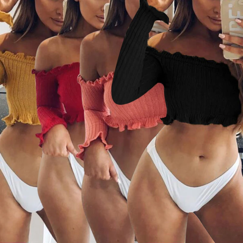 New Women's Ladies Off Shoulder Frill Bardot Jumper Ribbed Long Sleeve Crop Tops