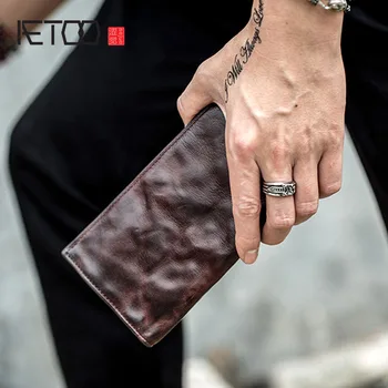 

AETOO Retro casual flocking leather wallet men's long section ultra-thin simple ladies wallet leather hand-held wallet personali