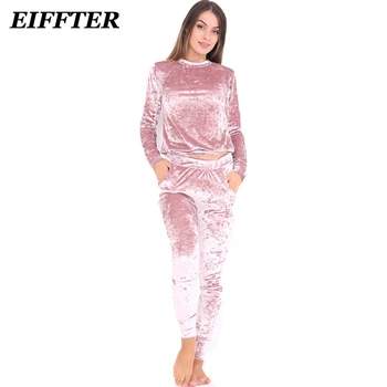 EIFFTER Sexy Women Suits 2017 New Autumn Winter Fashion Velvet Long Sleeve Women 2 Piece Set Slim Pants Suits+Hoodies Sets 0226