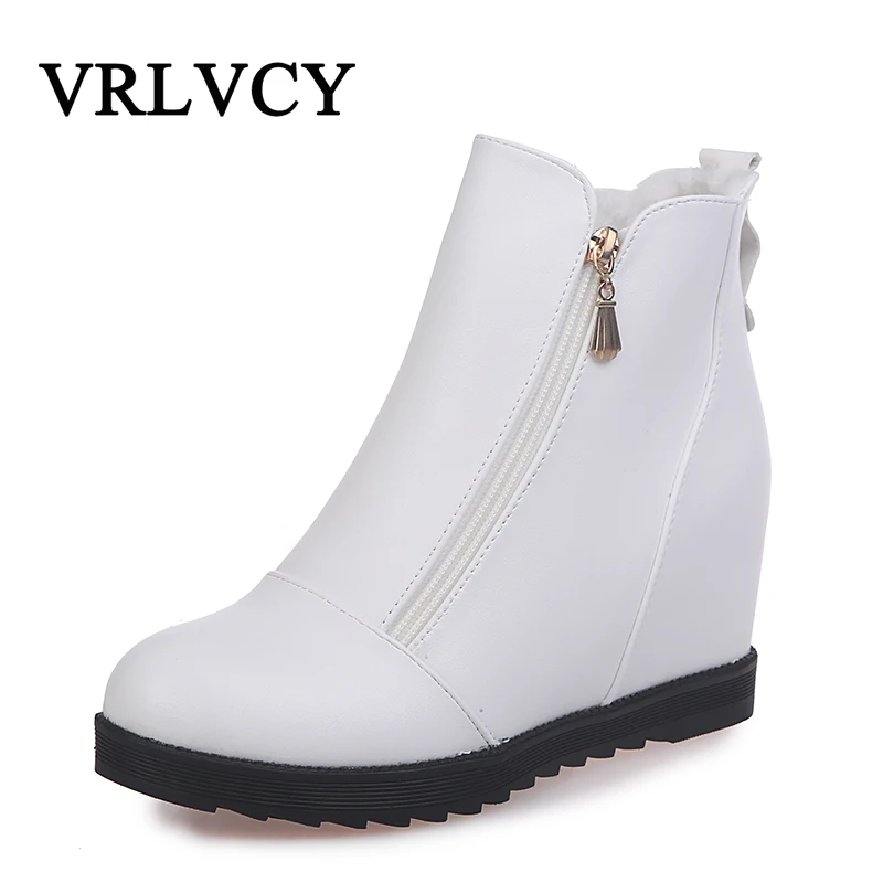 

2018 autumn and winter new leather short boots women's inner high flat bottom high heel side zipper plus