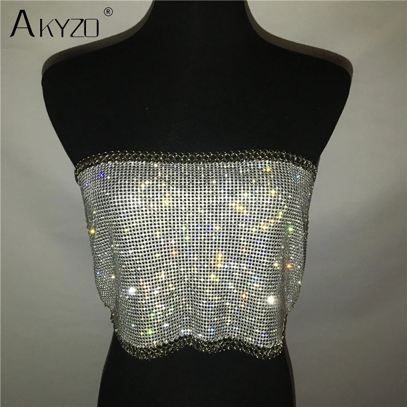 AKYZO Women Backless Luxury Rhinestone Camis Crop Top Fashion Chunky Metal Chain Diamond Hollow Out Plunge Halter Tank Tops