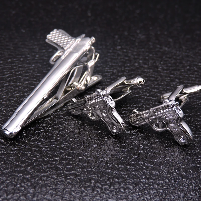 

DY A set new high quality brass plating silvery gun tie clip Cufflinks fashion men Cufflinks tie clip set
