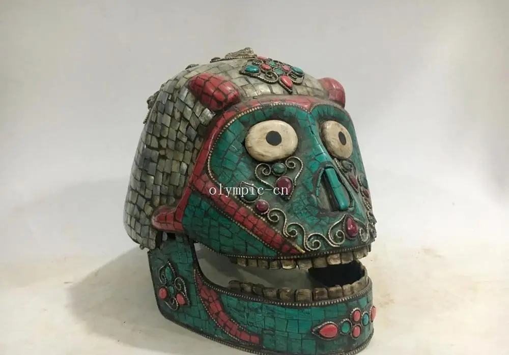 

8'' tibet old bronze inlay Gem Turquoise red coral shell silver skull head