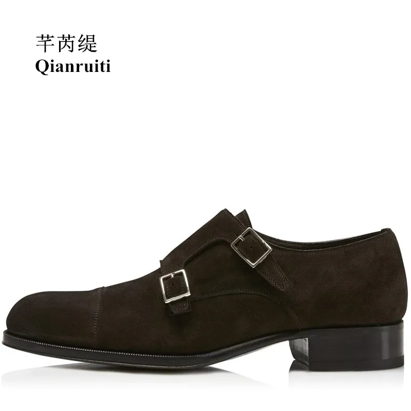 Qianruiti Vintage Style Men Dress Shoes Double Monk Strap Brown Buckle