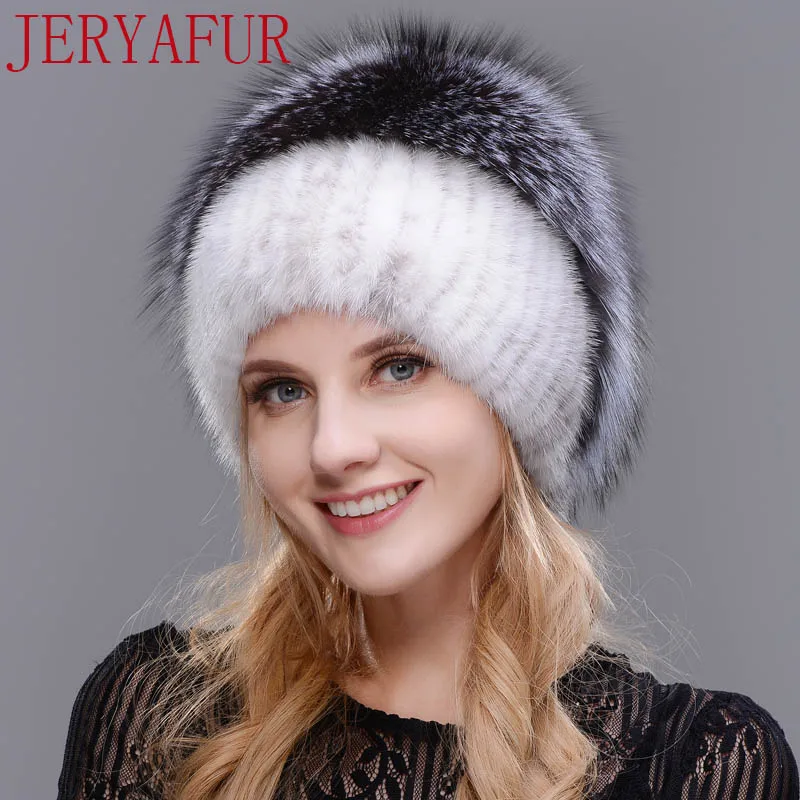 JERYAFUR, русская вязаная шапка, новинка, шапка из норки и лисы, шапка из натурального меха, шапка, зимняя женская Лыжная шапка, защита ушей - Цвет: COLOR3