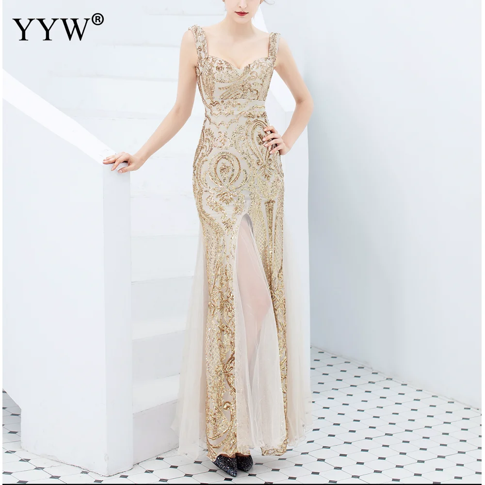 Green Sequined Summer Long Party Dress Spaghetti Strap Sexy Evening Gowns Women Sequin Mesh Patchwork Elegant Club Dresses