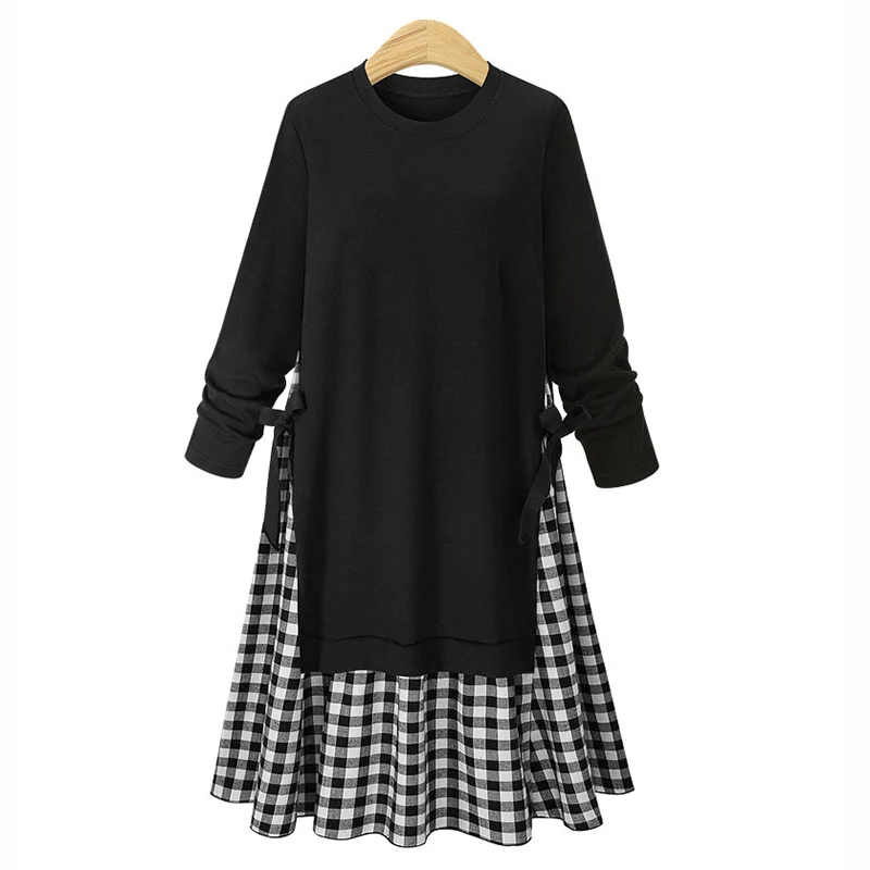 

Fashion Spring and Autumn Large Size Women's Black Long Sleeve Round Neck Loose Dress Fake Two Piece Plaid Long dress 4XL