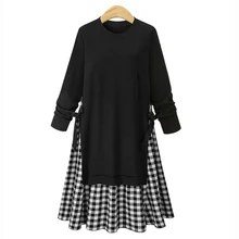 Fashion Spring and Autumn Large Size Women's Black Long Sleeve Round Neck Loose Dress Fake Two Piece Plaid Long dress 4XL
