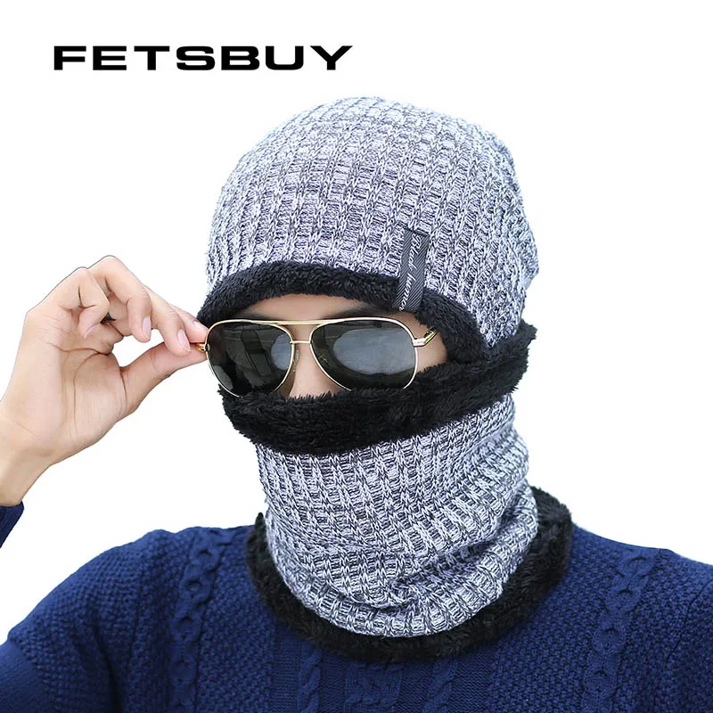 Fetsbuy зимние шапочки Для мужчин шарф вязаная шапка шапки маска Gorras капот зима теплая мешковатые Шапки для Для мужчин Для женщин Skullies шапочки