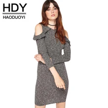 HDY Haoduoyi Slim High Waist Knitted Mini Dress Solid Gray Cold Shoulder O Neck Bodycon Dress Sexy Ruffles Pencil Dress