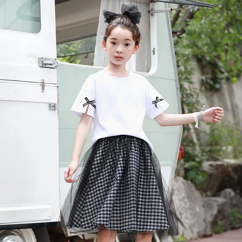 

Girls Clothing Set 2019 New Cotton Short Sleeve T-shirt Black Plaid Skirt Two-piece Set Big Girls Daily Casual Clothing Set