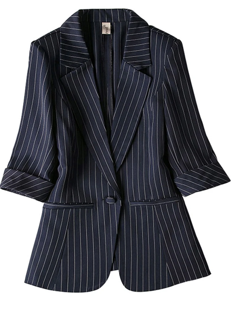 Женский блейзер в полоску, Летний однобортный пиджак с карманами, три четверти, офисный женский деловой костюм размера плюс 7XL