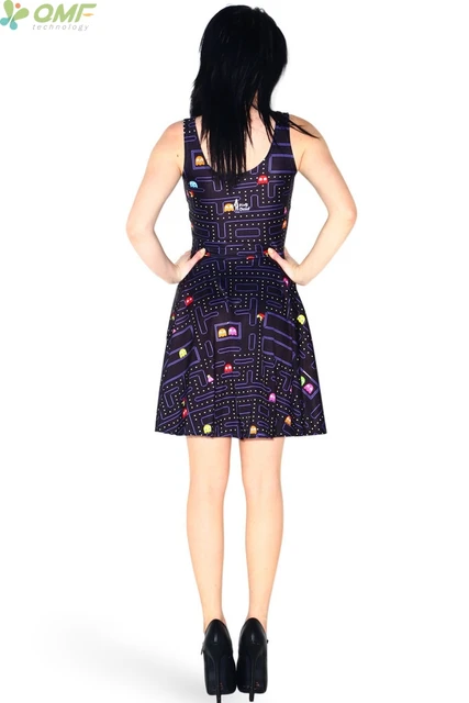 PACMAN Game Print One-Piece Bodycon Women Tennis Dress Saias Retro PAC-MAN PATTERNS Sundress Reversible Skater Dress Harajuku
