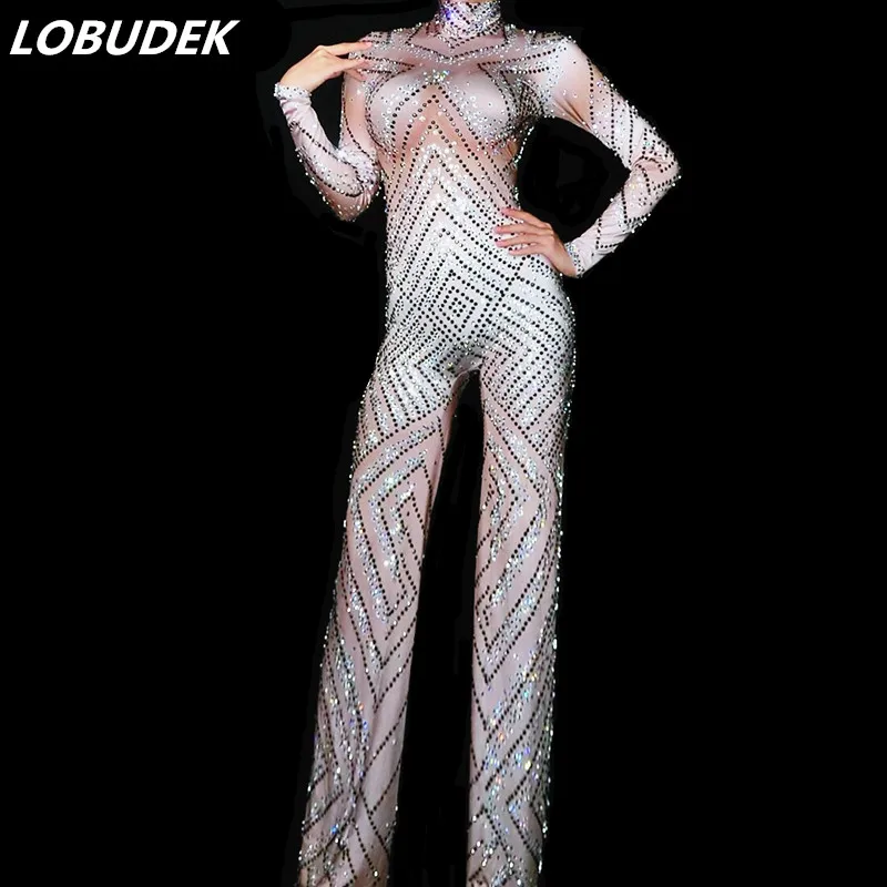 

Full Diamond Flare Jumpsuit Bling Rhinestones Rompers Nightclub Bar Singer Stage Dance Costume Celebrity Party Birthday Outfit