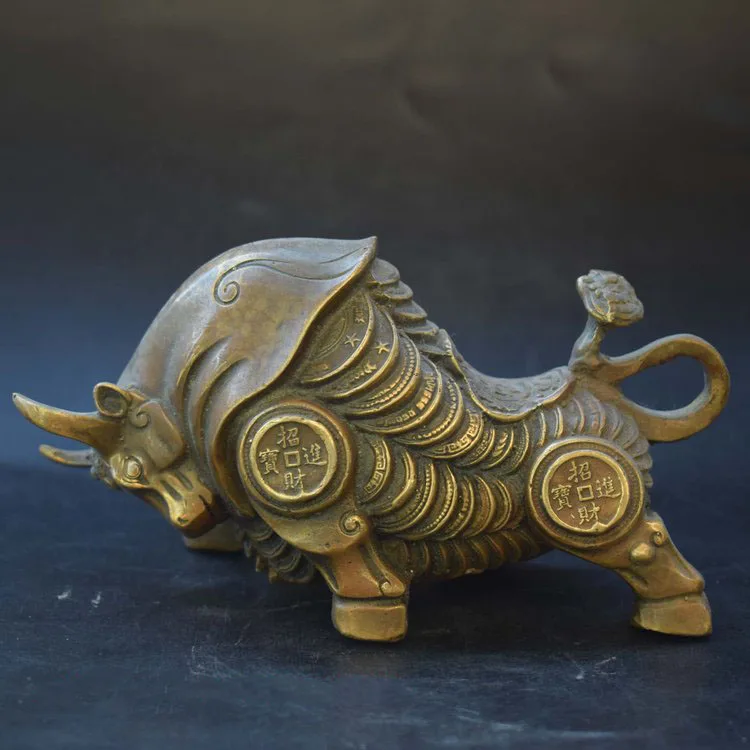 

free shipping Handwork Copper Carve Whole Body C0in Rare Wealth Big Lifelike Bullfight Statue