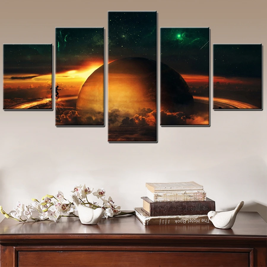 

Saturn Galaxy 5 Panels Printed Modular Picture Saturn Painting Planet Nature Landscape for Wall Art Home Decor Canvas Unframed