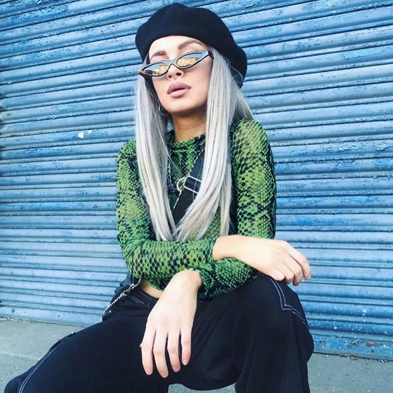 

Gothic Snake Print Long Sleeve Crop Tops Women Sexy See Through Mesh Round Neck Loose T Shirt Womens Shirts Clothes