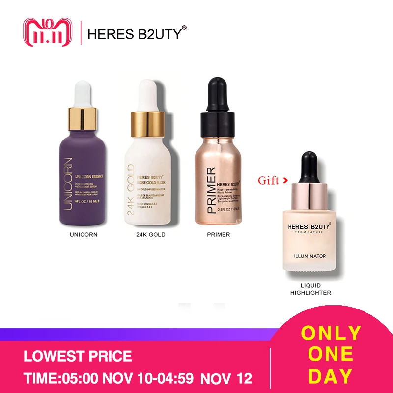 

Buy 3 Get 1 Free HERES B2UTY Essence OIL+24K Gold Infused Beauty Oil+High-Spreadability Fluid Primer PRIMER Makeup Set