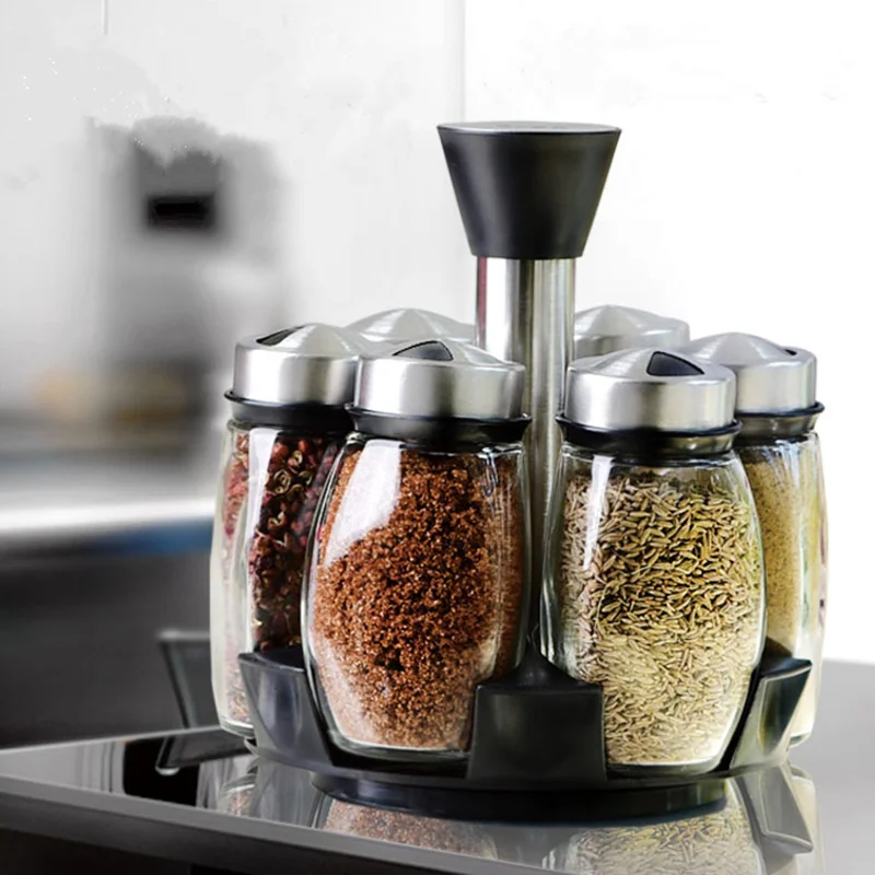 

7pcs/set Condiment Set Pepper and Salt Cruet glass Kitchen Spice Rack Set,6pcs Jars + 1pc Rack,cooking tools high quality.