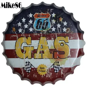 

[ Mike86 ] Route 66 GAS Bottle Cap Metal Painting Vintage Souvenir Home Gift Party Store Wall Decor 40 CM BG-5