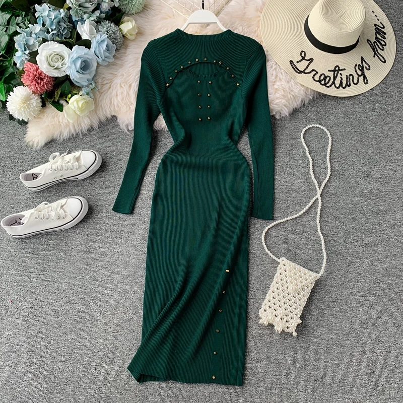 

Vintage Hollow Out Women Knitted Knee-Length Dress Elegant Long Sleeve Green Black Beige Red Bodycon Knit Dress 2019 Fall Winter