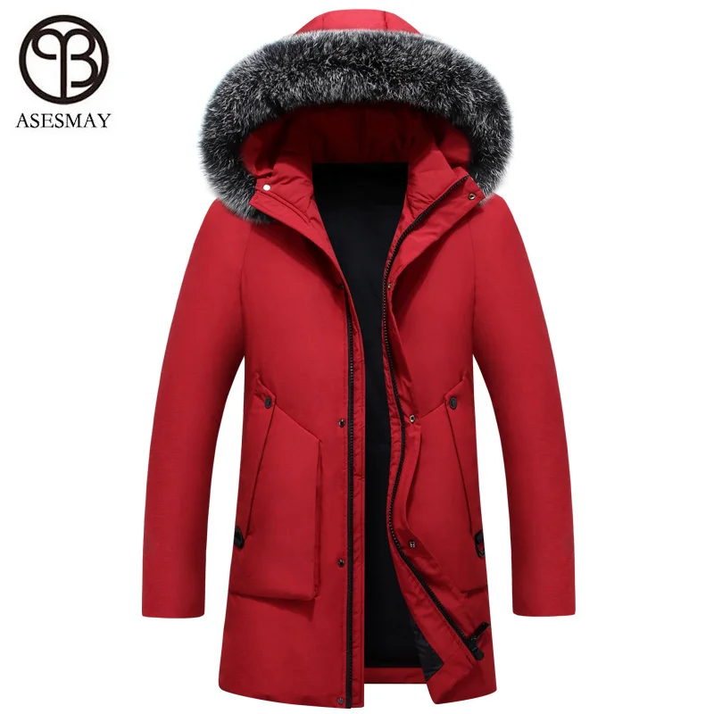 Asesmay, зимняя мужская куртка, брендовая, толстая, теплая, парка, натуральный мех, белый утиный пух, пальто, толстовки, повседневные, мужские, водонепроницаемые, пуховики - Цвет: Red