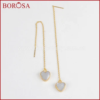 

BOROSA Gold Color Natural White Shell Heart Threader Earrings, Stylish Dangle Earrings for Women Druzy Jewelry G1245
