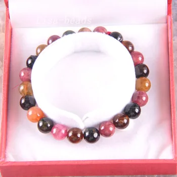 

Free Shipping Fine Jewelry Stretch Multi-color 10MM Round Beads 100% Natural A Tourmaline Bracelet 7.5" with Box 1Pcs J002