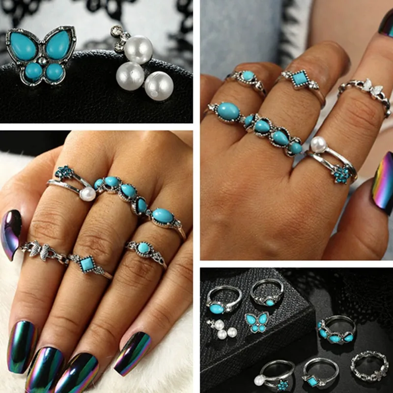 

8PCS/Set Vintage Butterfly Flower Pearl Rings Set for Women Boho Jewelry Carving Tibetan Silver Jewelry Wedding Party