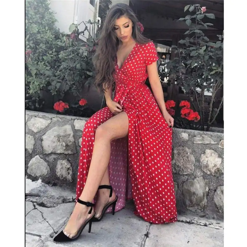 

Women Summer Bohomian Polka Dot Print Long Dress Elegant Short Sleeve V-Neck Wrap Dress