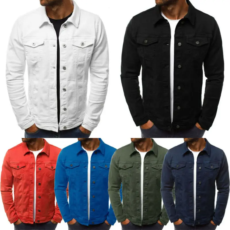 New Men's Solid Casual Slim Denim Jacket Coat Long Sleeve Slim Fit Classic Retro Vintage Black Blue Washed