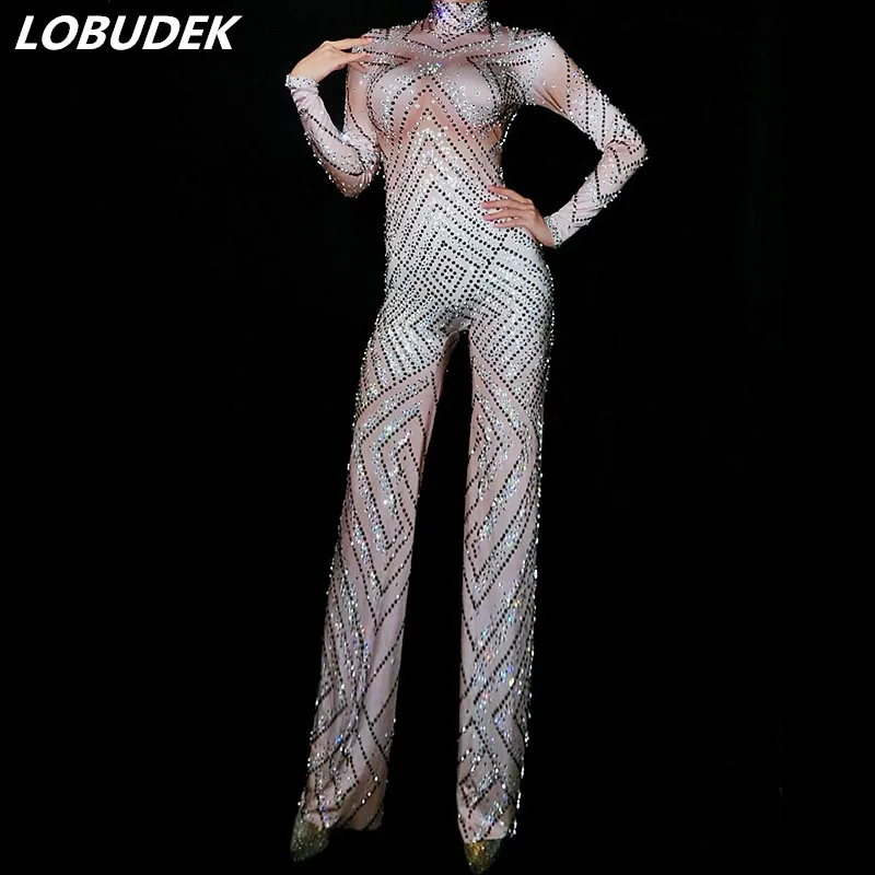 

Shining Rhinestones Jumpsuits Fashion Flared Trousers Jumpsuits Bell-bottoms Female Singer Star Bar Party Stage Dance Costume