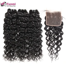 Funmi волосы малазийские волнистые пучки с закрытием 3 Связки с закрытием 4X4 дюймовые натуральные волосы пучки с закрытием часть