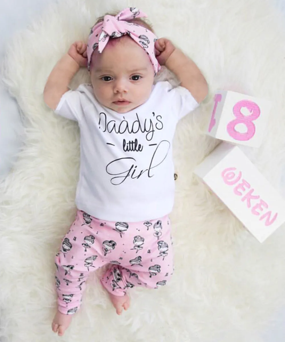 

3Pcs summer baby girl clothes baby together Print t-shirt for girl Top Cartoon Pants baby girl outfit baby suit newborn headband