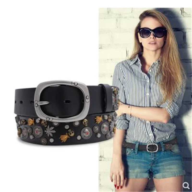 

New designer bee taro rivet retro metal ladies jeans belt punk rock leather belt men and women versatile jeans bee rivet belt