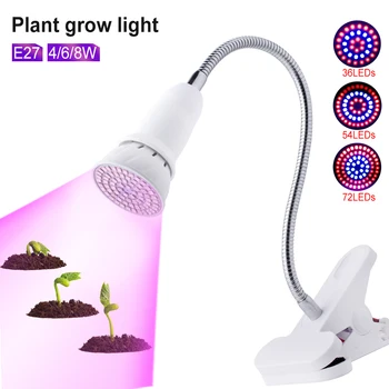 

4W 6W 8W Led Grow Light AC220V E27 Red/Blue 36 54 72 Leds Hydroponic LED Plant Grow Lights LED Bulb LED Growth +Desk Holder Clip