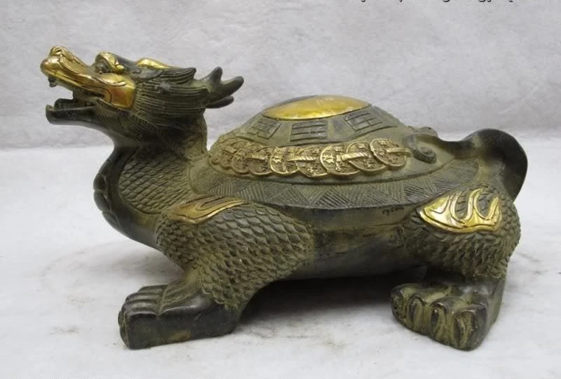 

5" Chinese Bronze Gilt Folk Feng Shui Coin Money Eight Diagrams Dragon tortoise