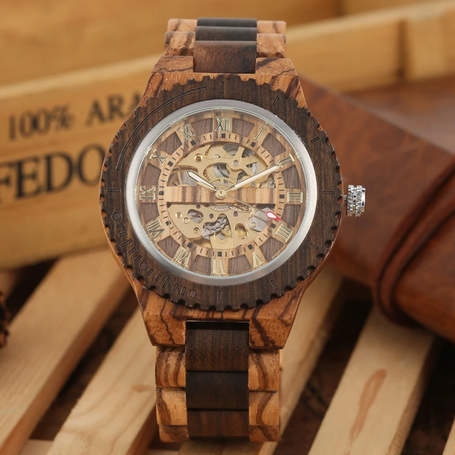 Retro Wood Watch Royal Gold Roman Literal Mechanical Watches Men's Top Luxury Wooden Bangle Watch montre homme automatique reloj