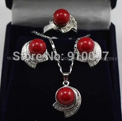 LHX54012&gt&gtRed South Sea Shell Pearl Earring Ring &amp Necklace Pendant Set | Украшения и аксессуары