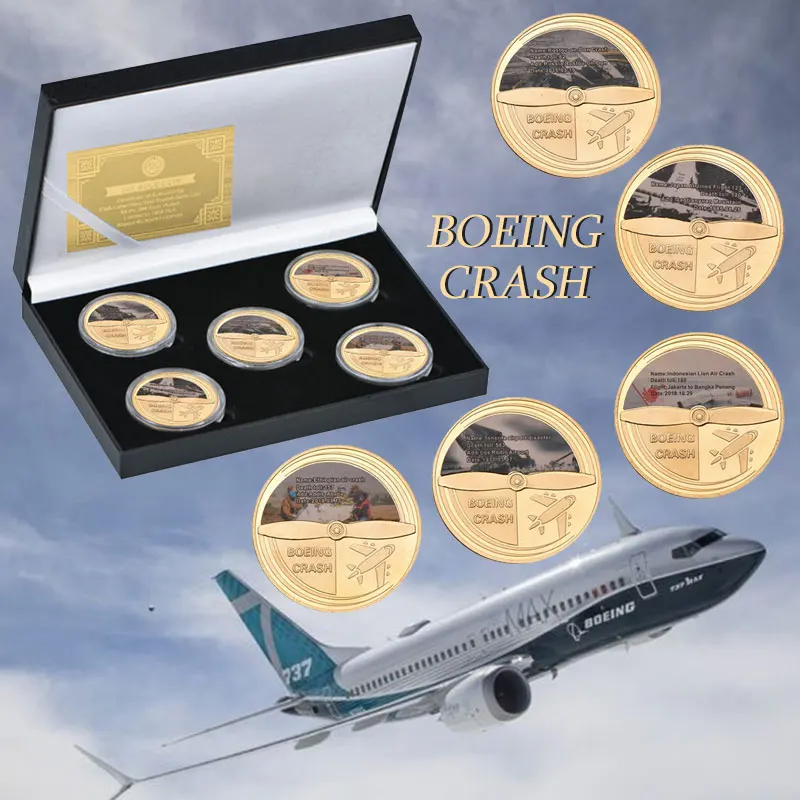 

WR Gold Plated Boeing Crash Coins Quality Metal Coin For Collectibles Commemorative Coins With Wooden Box Gift For Business