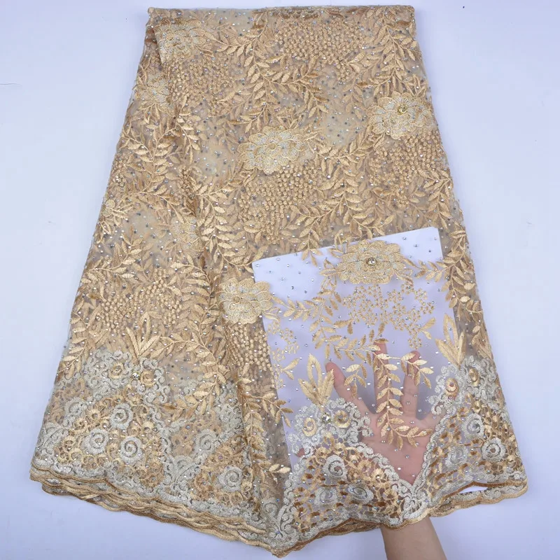Top Quality French Lace Fabric With Stones Nigerian Gold Tulle 5yards For Party High Embroidery Net 1260 | Дом и сад