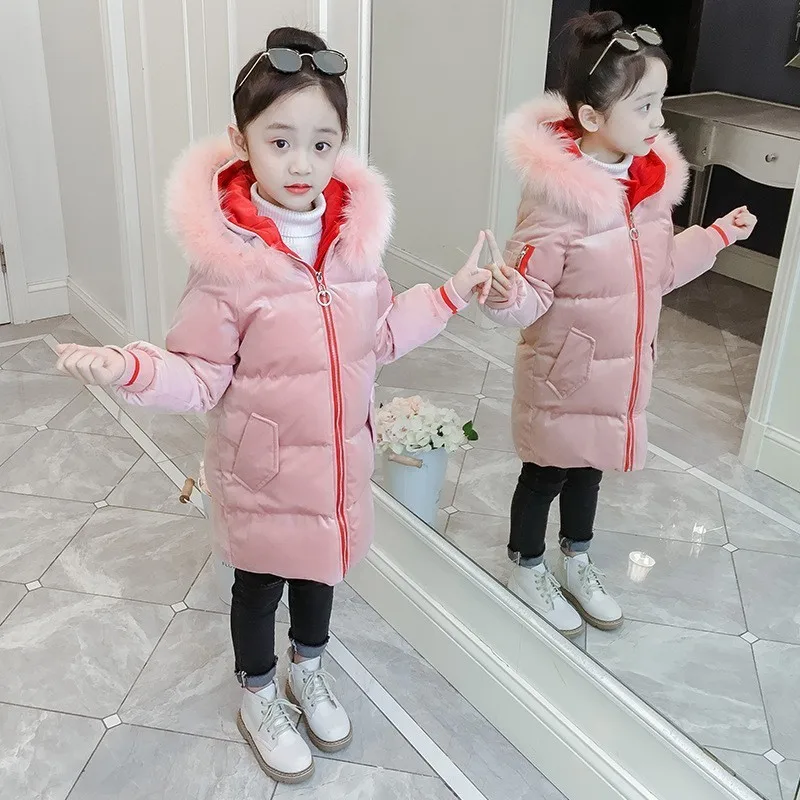 Новинка года, модная детская зимняя куртка парки для девочек детская одежда теплая одежда утепленное длинное пуховое хлопковое пальто с капюшоном для детей возрастом от 3 до 14 лет - Color: Pink