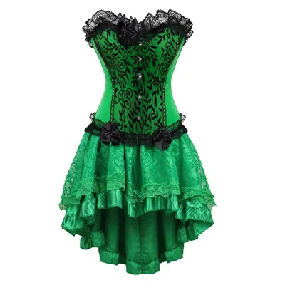 Women Burlesque Dancer Dress Sexy Bustier Corset Gothic Lace Vintage Corset Dress With Skirt Set Poison Ivy Costumes Plus Size - Цвет: green7056green