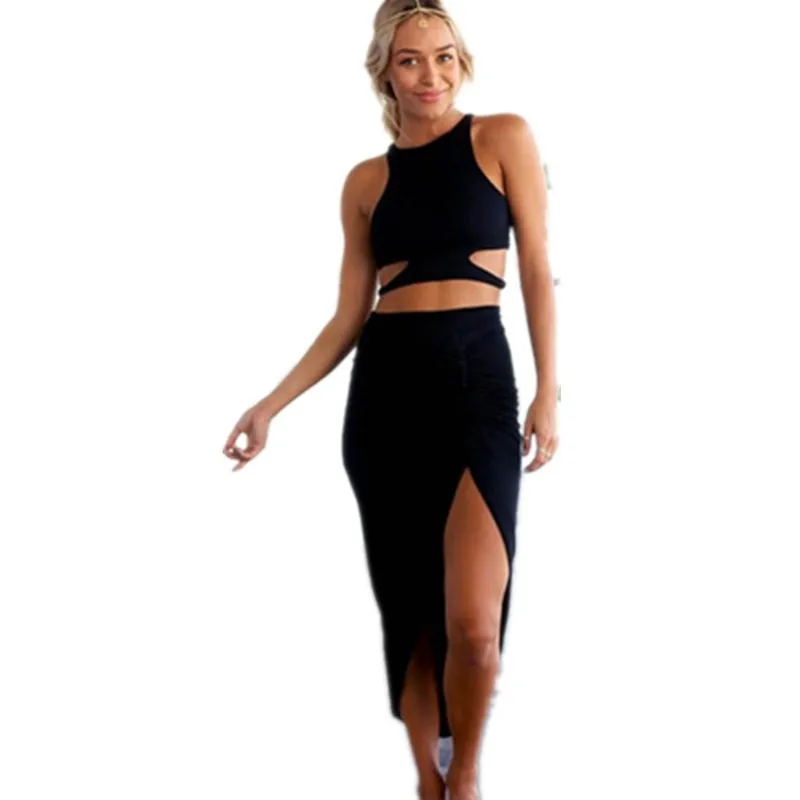 2 Piece Set Black Sexy Bandage Sexy Dress Clothes Charming Mature Sleeveless Woman Party Clubwear Skirt Set L27863-1 L27863-1
