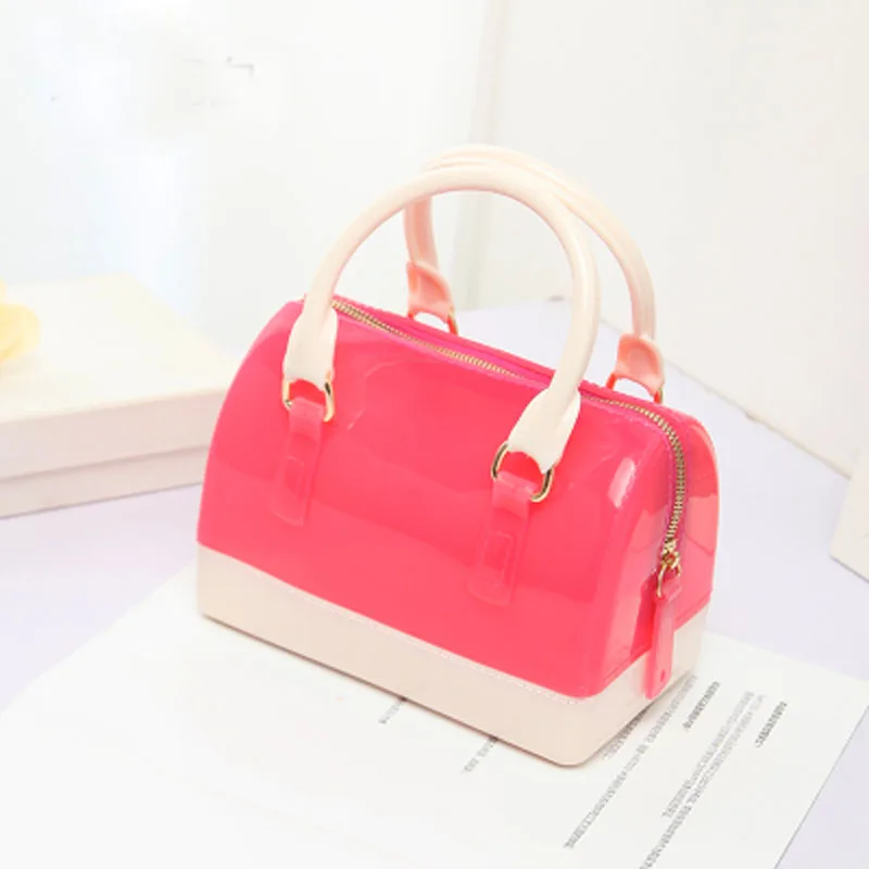 JELLYOOY маленький размер 18 см ПВХ Мини Женская Желейная сумка детская подушка сумка на плечо карамельный цвет Силиконовая Сумка-тоут пляжная сумка-мессенджер - Цвет: Hot pink and white