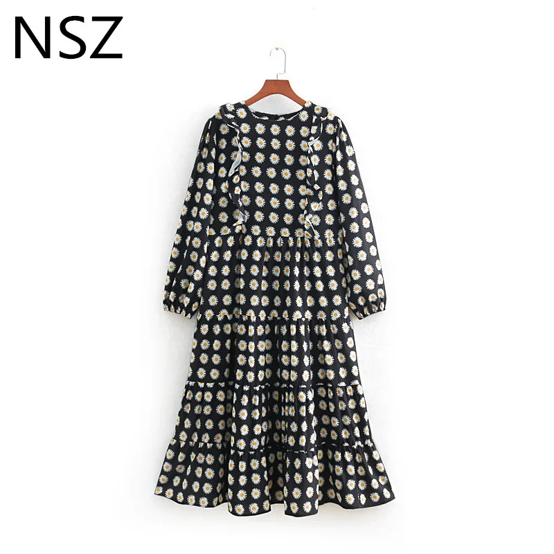 

NSZ Women Daisies Floral Print Long Maxi Casual Dress Ruffles Pleated Midi Dress Round Collar Vintage Dress Vestidos