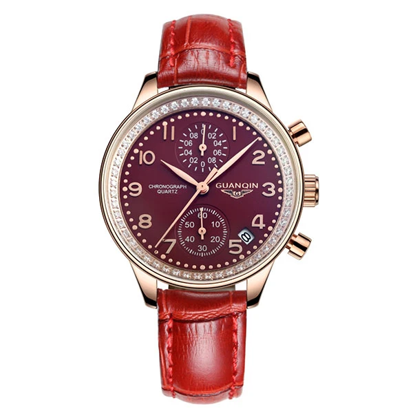 

GUANQIN GQ15008 lady Chronograph series quartz watch women fashion luxury watch female Austria Diamond red Leather strap