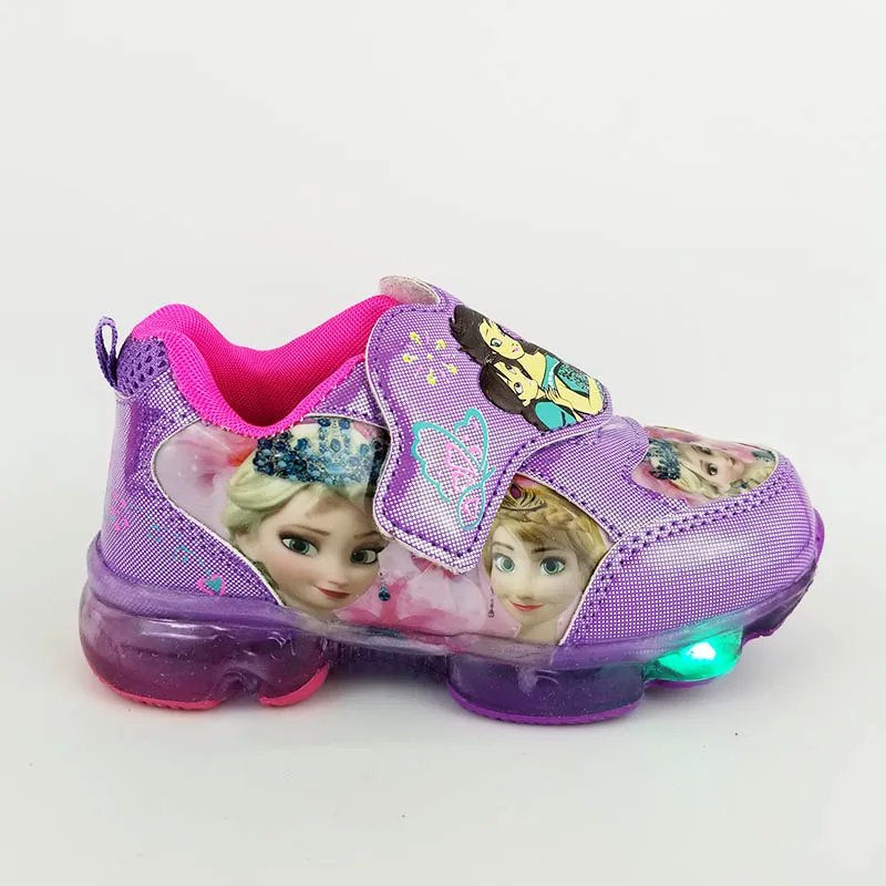 Замороженные Девушки мультфильм фиолетовый повседневная обувь с легкой Эльзой и Анной снежные кроссовки принцессы Европа Размер 28-33