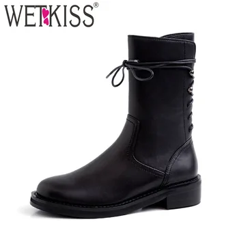 

WETKISS Cow Leather Motorcycle Boots Women Mid-Calf Military Boot Round Toe Neutral Shoes Female Cross Tied Casual Shoes Ladies