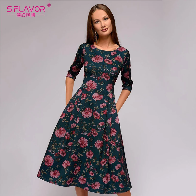 

S.FLAVOR Flower Printing O-neck vintage dress women Half-sleeve Casual A-line vestidos Spring Autumn Fashion dress Female